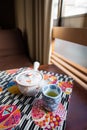 Morning Tea set on the table in Ryokan