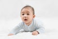 Morning Time.Adorable newborn kid during tummy time smiling happily at home.Portrait of cute smiling happy asian baby boy crawling Royalty Free Stock Photo