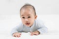 Morning Time.Adorable newborn kid during tummy time smiling happily at home.Portrait of cute smiling happy asian baby boy crawling Royalty Free Stock Photo