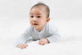 Morning Time.Adorable newborn kid during tummy time smiling happily at home.Portrait of cute smiling happy asian baby boy crawling Royalty Free Stock Photo