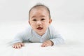 Morning Time.Adorable newborn kid during tummy time smiling happily at home.Portrait of cute smiling happy asian baby boy crawling Royalty Free Stock Photo