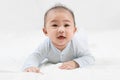 Morning Time.Adorable newborn kid during tummy time smiling happily at home.Portrait of cute smiling happy asian baby boy crawling Royalty Free Stock Photo