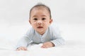 Morning Time.Adorable newborn kid during tummy time smiling happily at home.Portrait of cute smiling happy asian baby boy crawling Royalty Free Stock Photo