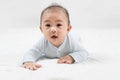 Morning Time.Adorable newborn kid during tummy time smiling happily at home.Portrait of cute smiling happy asian baby boy crawling Royalty Free Stock Photo