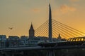 Morning time in istanbul between europe and asia continent with galata tower and metro bridge in u Royalty Free Stock Photo