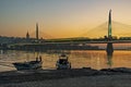 Morning time in istanbul between europe and asia continent with metro bridge and fishe Royalty Free Stock Photo