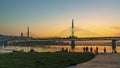 morning time in istanbul between europe and asia continent with metro bridge,people an Royalty Free Stock Photo