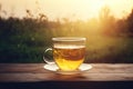 Morning tonic drink herbal tea in a cup on the table, blurred background Royalty Free Stock Photo