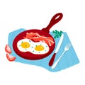 Morning traditional breakfast foodstuff, meal tomato, herb and griddle eggs bacon concept food isolated on white