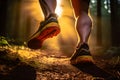 Morning Trail Run: Close-up of male Runner\'s Legs and Shoes with Abstract Bokeh Lightcreated. Generative AI