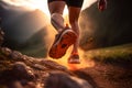 Morning Trail Run: Close-up of male Runner\'s Legs and Shoes with Abstract Bokeh Lightcreated. Generative AI