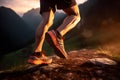 Morning Trail Run: Close-up of male Runner\'s Legs and Shoes with Abstract Bokeh Lightcreated. Generative AI