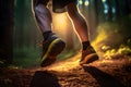 Morning Trail Run: Close-up of male Runner\'s Legs and Shoes with Abstract Bokeh Lightcreated. Generative AI