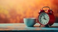 Morning tranquility alarm clock and coffee on table with blurred background for text placement