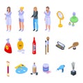 Morning treatments icons set isometric vector. Care shave