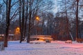 Morning twilight in the winter park near the bridge