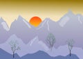 Morning vector landscape with mountain, sunrise, golden sky. Spring high mountain peaks on a morning sky background Royalty Free Stock Photo