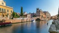 Morning in Venice timelapse. Canal channel , bridges, historical, old houses and boats. Venice, Italy