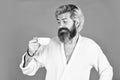 Morning vibes. Tired man drinking coffee. Every morning begins with coffee. Bachelor in bathrobe. Man with beard in Royalty Free Stock Photo