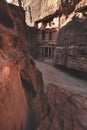 morning view of Al Khazneh - rock cut temple, the treasury in ancient Nabatean city of Petra, Jordan Royalty Free Stock Photo