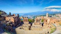 Morning View Of Ancient Greek Theatre In Taormina On Background Of Etna Volcano, Sicily, Italy