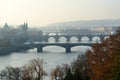 Morning view of bridges and Vltava River from observation deck of Ganavsky Pavilion, Prague, Czech Republic Royalty Free Stock Photo