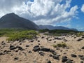 Mountain range and beach vegetation at Ka`ena Point State Park, northwestern tip of Oahu, Hawaii