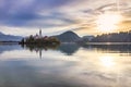 Morning view of famous lake Bled and small island with a church Royalty Free Stock Photo