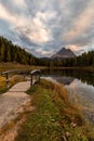 Morning view of Lago Antorno, Dolomites, Lake mountain landscape with Alps peak , Misurina, Cortina d`Ampezzo, Italy Royalty Free Stock Photo