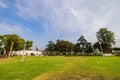 Morning view of the Monrovia Public Library in Library Park