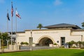 Morning view of the Monrovia Public Library in Library Park