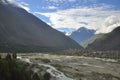 Morning view of mountains covered with clouds from the peak with Bhaga river in Darcha Royalty Free Stock Photo