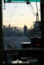 Morning view of Nishioji Sanjo area of Kyoto city through the window of driver`s platform or cockpi