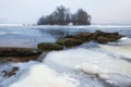 Morning view of Obolon district in Kyiv, Ukraine. A dangerous hobby - winter fishing. Royalty Free Stock Photo