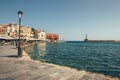 Morning view of old harbor in Chania, Greece