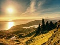 Morning view of Old Man of Storr rocks formation and lake Scotland