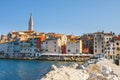 Morning view on old town Rovinj from harbor with outdoor restaurants, Croatia