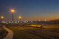 Morning view on the railway with magic sunrise in Latvia Daugavpils city