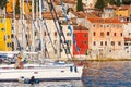 Morning view on sailboat harbor in Rovinj with many moored sail boats and yachts, Croatia Royalty Free Stock Photo