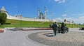 Morning view of the square named after Asgat Galimzhanov against the background of the solar panorama of the Kazan Kremlin.