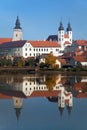 Morning view of Telc or Teltsch town mirroring in lake Royalty Free Stock Photo