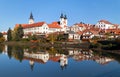 Morning view of Telc or Teltsch town mirroring in lake Royalty Free Stock Photo