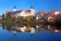 Morning view of Telc or Teltsch town mirroring in lake Royalty Free Stock Photo