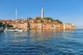 Morning view to Rovinj marina and Rovinj old town, popular travel destination in Istrian county of Croatia Royalty Free Stock Photo