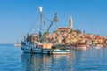 Morning view to Rovinj marina and Rovinj old town, popular travel destination in Istrian county of Croatia Royalty Free Stock Photo