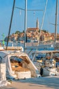 Morning view to Rovinj marina and Rovinj old town, popular travel destination in Istrian county of Croatia Royalty Free Stock Photo