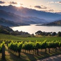 Morning on vineyard at Lake Wanaka, Otago, New Zealand made with Generative AI