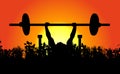 Morning weightlifter in natural landscape, sunrise over the field and grass. Weightlifting. Vector sport illustration