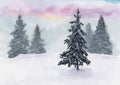 Morning in the winter forest. Watercolor hand drawn painting, good for Christmas end new year decoration Royalty Free Stock Photo