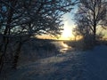 morning winter landscape with trees covered in snow a frozen river reflecting the sun and a bridge in the distance. Royalty Free Stock Photo